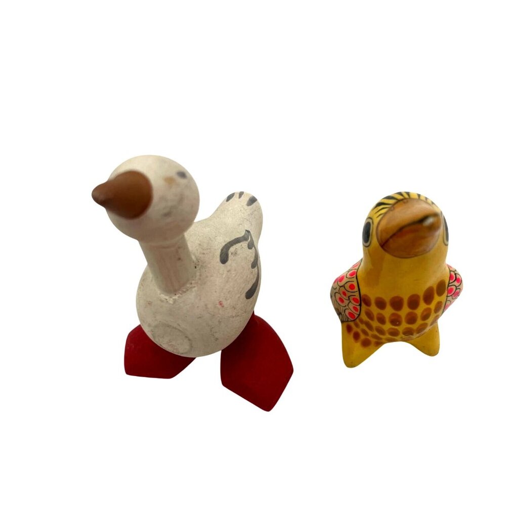 Hand-Painted Wooden Bird Figurines - Quirky Goose & Cheerful Yellow Bird 3" Tall